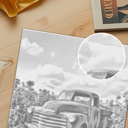 Camioneta vintage rodeada de girasoles - Pintura de puntos