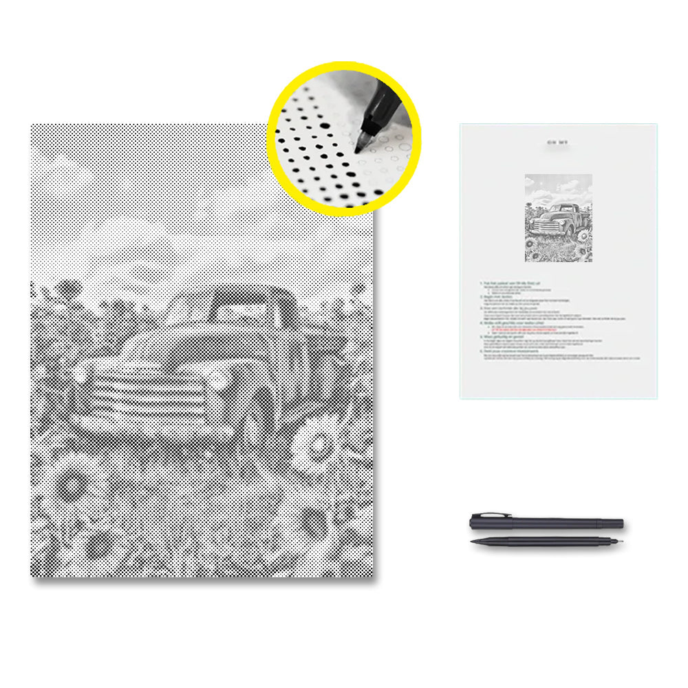 Camioneta vintage rodeada de girasoles - Pintura de puntos