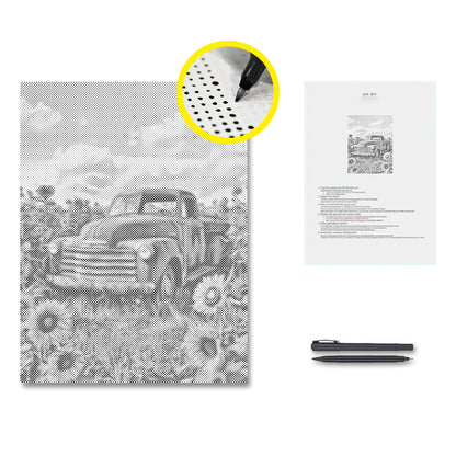 Camioneta vintage rodeada de girasoles - Pintura de puntos