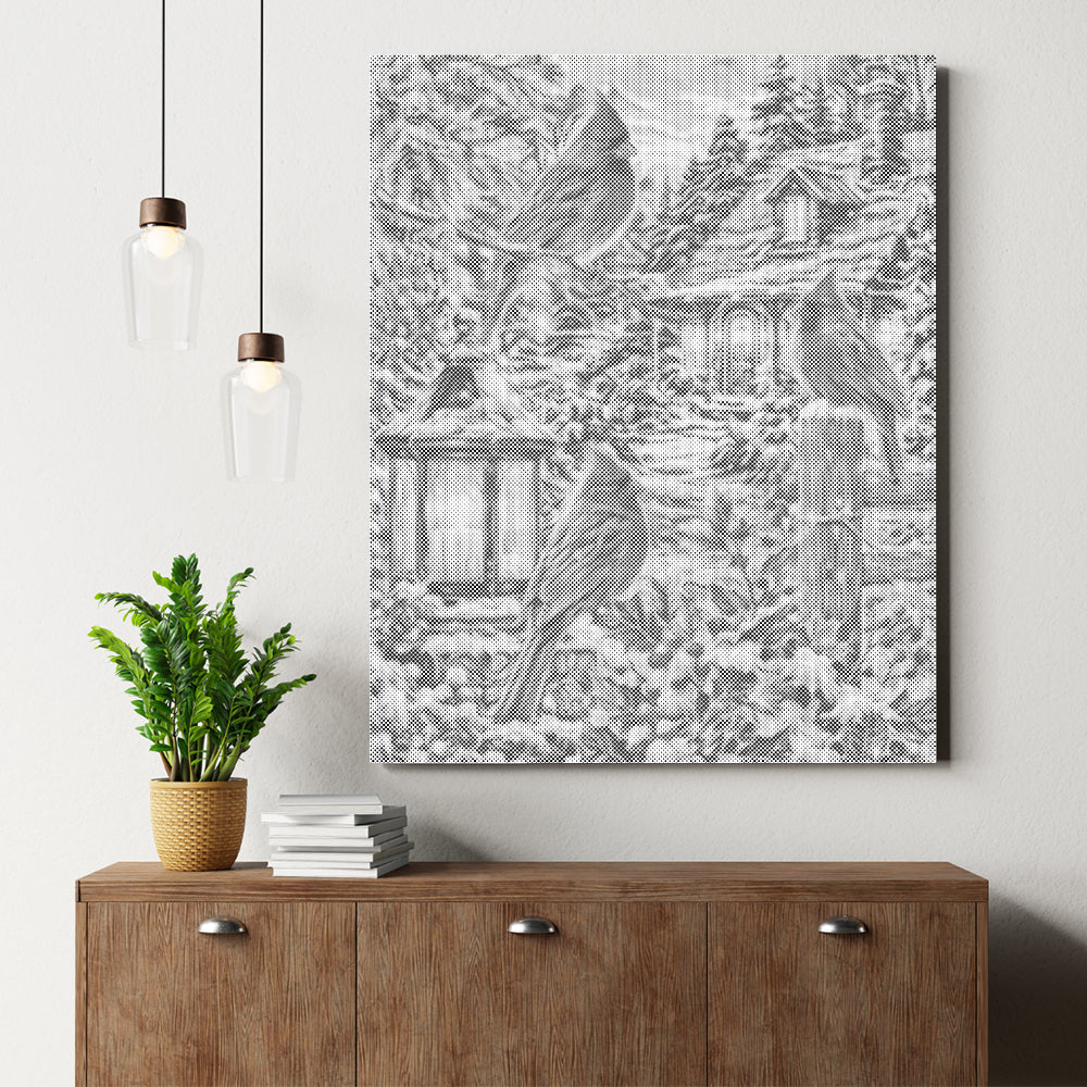 Cabaña de invierno con cardenal - Pintura de puntos