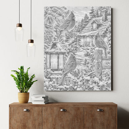 Cabaña de invierno con cardenal - Pintura de puntos