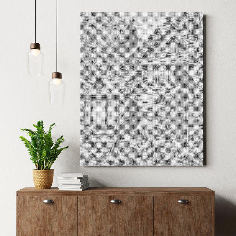 Cabaña de invierno con cardenal - Pintura de puntos