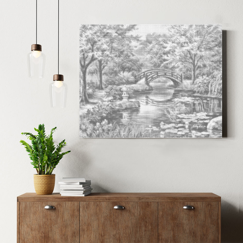 Puente, cerezo, río y flores - Pintura de puntos