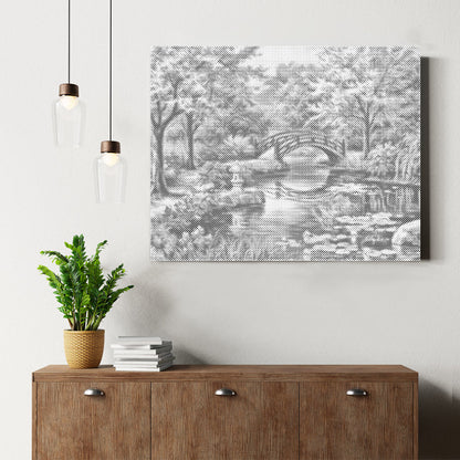Puente, cerezo, río y flores - Pintura de puntos