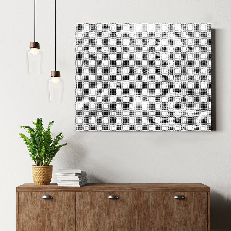 Puente, cerezo, río y flores - Pintura de puntos