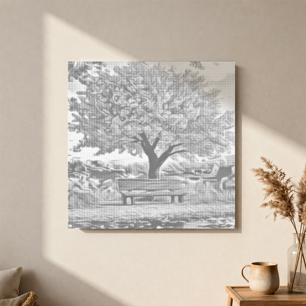 Banco bajo el cerezo en flor – Pintura de puntos