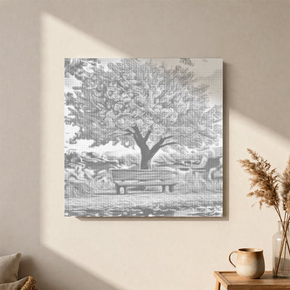 Banco bajo el cerezo en flor – Pintura de puntos