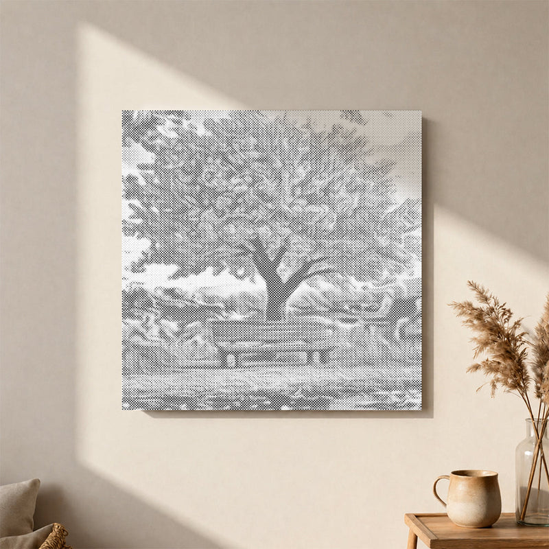 Banco bajo el cerezo en flor – Pintura de puntos