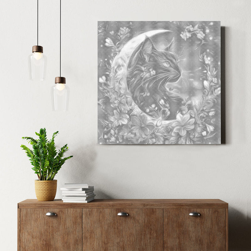 Gato encantado y luna – Pintura de puntos