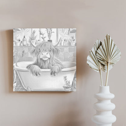 Vaca highland en un baño acogedor – Pintura de puntos