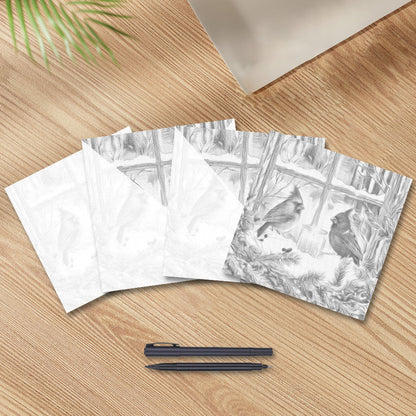 Cardenales de invierno junto a la ventana – Pintura de puntos