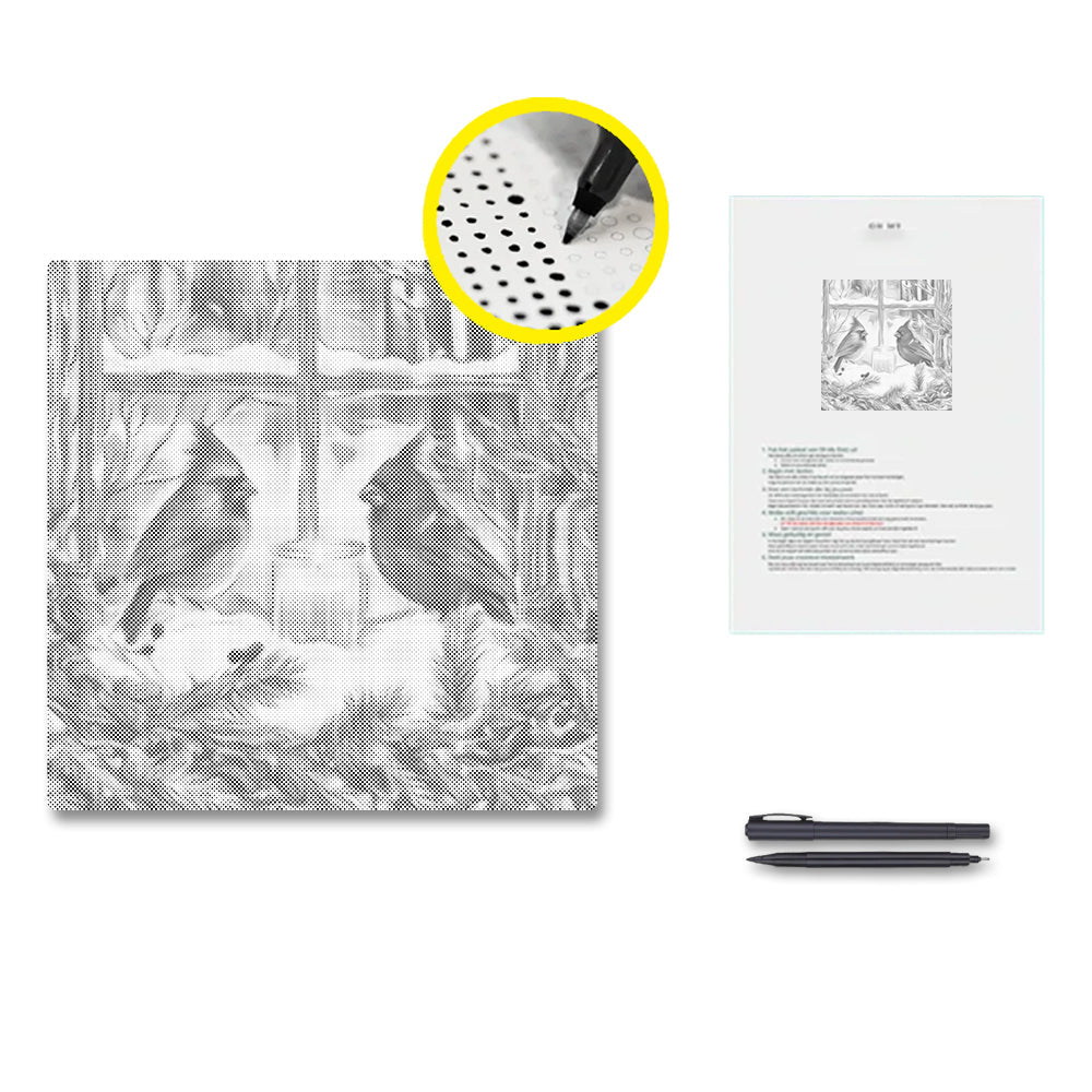 Cardenales de invierno junto a la ventana – Pintura de puntos