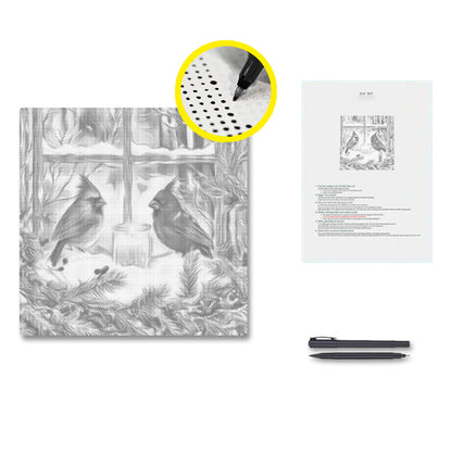 Cardenales de invierno junto a la ventana – Pintura de puntos
